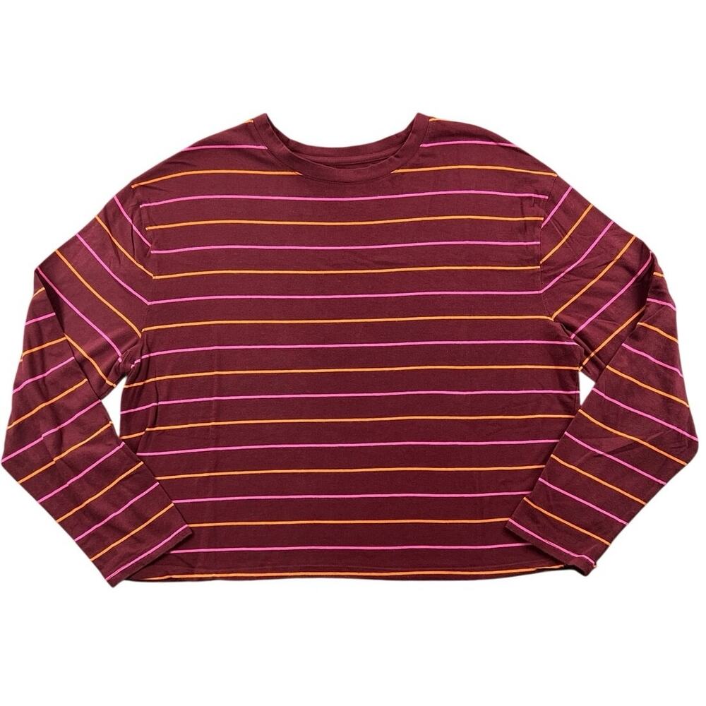 A New Day Striped Boxy Tee Cropped Long Sleeve Top Burgundy Pink Orange XXL